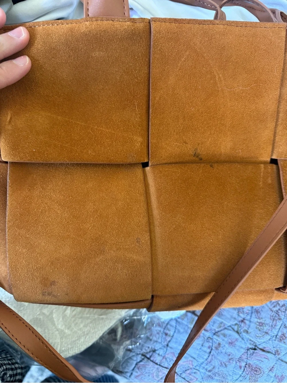 Woven Suede Satchel Shoulder Bag - Brown